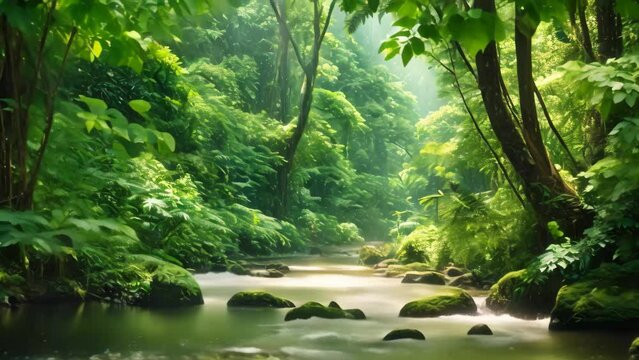Mountain river flowing through the green forest. Mountain river landscape, Lush rainforest and rivers in summer, rainforest covered by green trees