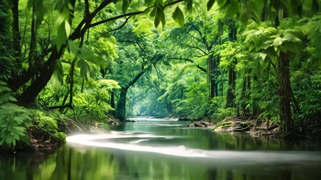 Stream in the rainforest at Taipei,Taiwan,Asia, Lush rainforest and rivers in summer, rainforest covered by green trees