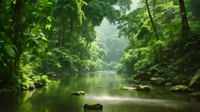 Beautiful tropical rainforest with river flowing through the jungle, Thailand, Lush rainforest and rivers in summer, rainforest covered by green trees