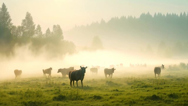 Herd of cows grazing on a meadow in the morning fog, Panorama of grazing cows in a meadow with grass covered with dewdrops and morning fog