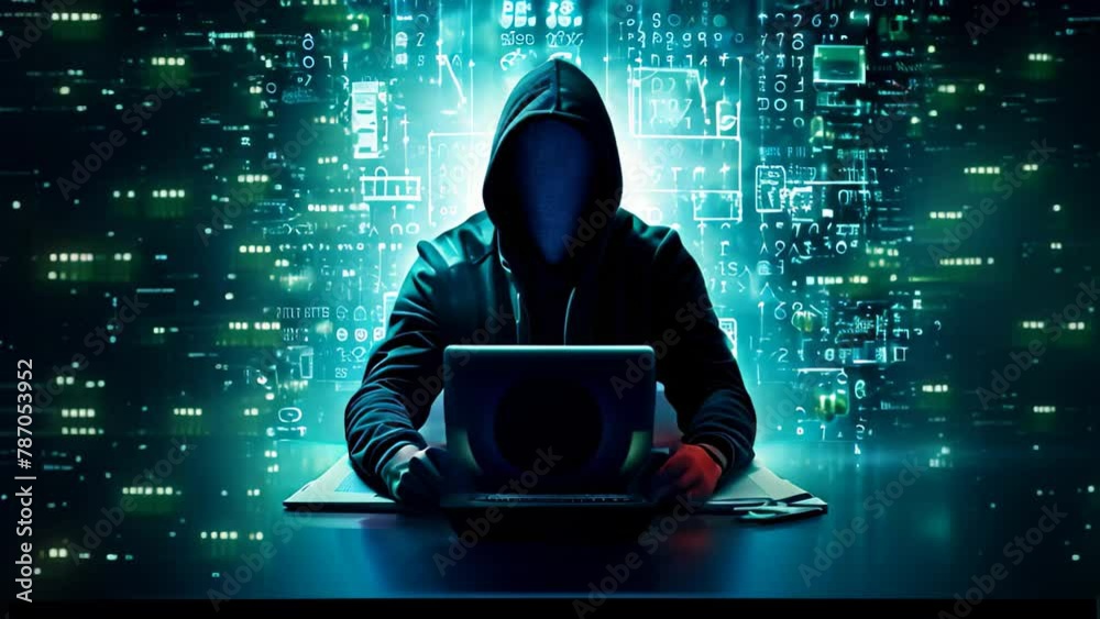 Poster hacker in dark room using laptop with binary code concept on background, a cyber security expert wor