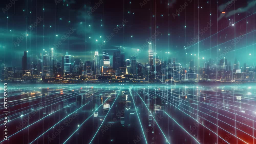 Poster abstract digital technology concept with cityscape and binary code in blue tone, a futuristic urban 