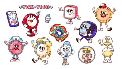 Groovy clock cartoon characters and stickers set. Funny retro alarm clock with hour and minute hands, hourglass with sand, smart watch. Cartoon time mascots of 70s 80s style vector illustration