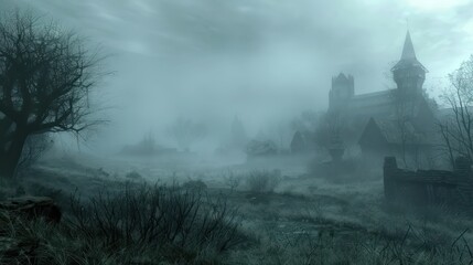 Mysterious foggy medieval village landscape