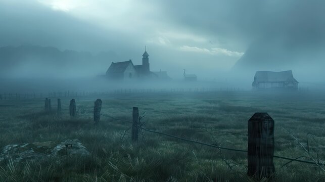 A serene, mysterious image captures a foggy countryside, with a prominent church surrounded by a fence and fog engulfing the area, evoking a sense of calm and introspection