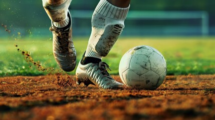 Close-up view of soccer players foot in boots aggressively kicking soccer ball on field