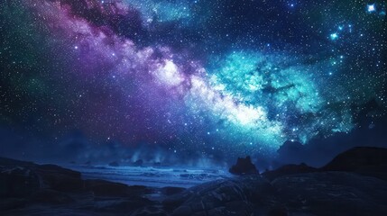 Majestic cosmic night sky over rocky shore
