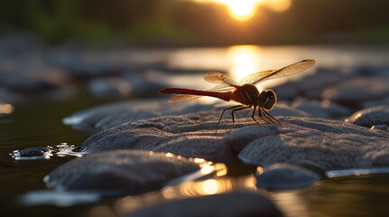 Red Dragonfly resting on a river rock at Sunset.generative.ai - obrazy, fototapety, plakaty