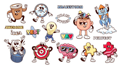 Groovy cartoon characters and stickers set for brainstorm. Funny retro coffee cup and clock, target with arrow and brain, rocket launch. Cartoon brainstorm mascots in 70s 80s style vector illustration