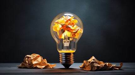 Innovative education concept: crumpled paper light bulb metaphor on blackboard, symbolizing creative ideas and innovation in business learning
