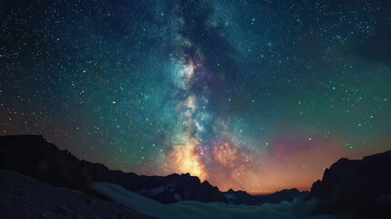 Starry night sky over mountain range - obrazy, fototapety, plakaty