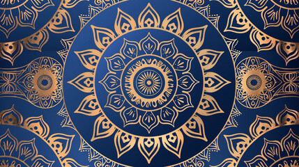 Art deco and geometric shapes in a mandala, royal blue and gold luxury design.
