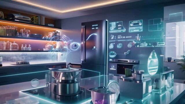 Black modern kitchen interior with a black cupboard, a laptop and a smartphone with a hologram. 3d rendering mock up toned Video double exposure, A smart kitchen connected
