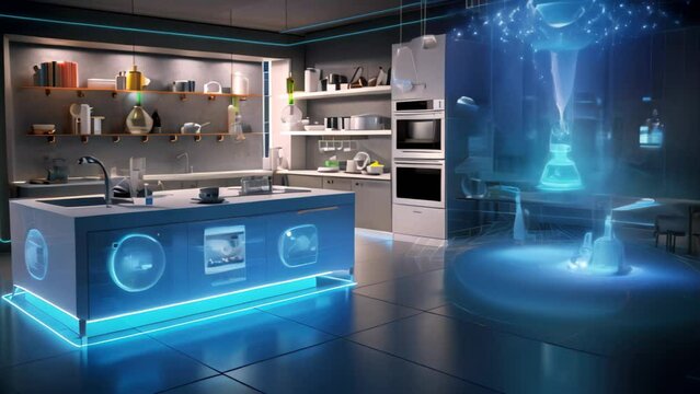 3d rendering of a modern kitchen with blue glowing lights and lab equipment, A smart kitchen interior with glowing network connections and a digital technology hologram