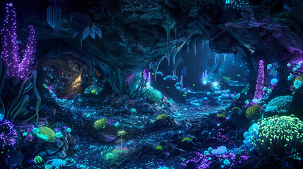 Neon cave networks, bioluminescent flora light up subterranean vistas.