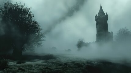 Mysterious and horror ancient tower in misty landscape - obrazy, fototapety, plakaty