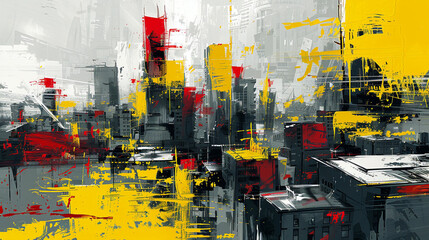 Yellow and red abstract strokes bring to life the bustling vibrancy of the city on grey.