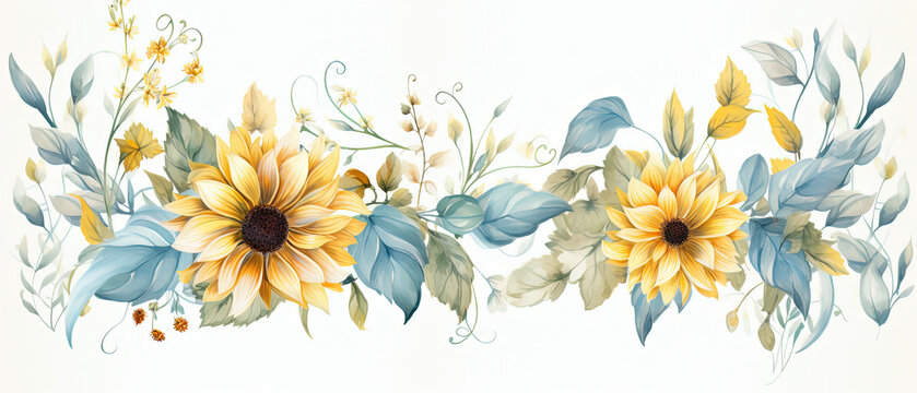 a picture of a floral border with sunflowers and leaves