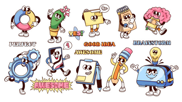 Groovy cartoon characters and stickers set for brainstorm. Funny retro pie chart and notepad with pen, brain and pencil, cactus pot. Cartoon brainstorm mascots in 70s 80s style vector illustration