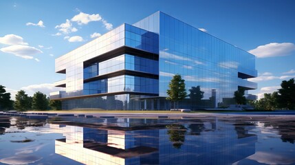 Modern architectural rendering: reflective business office building in urban landscape

