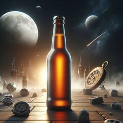 Bottle of beer with fantasy background illustration space conept digital design