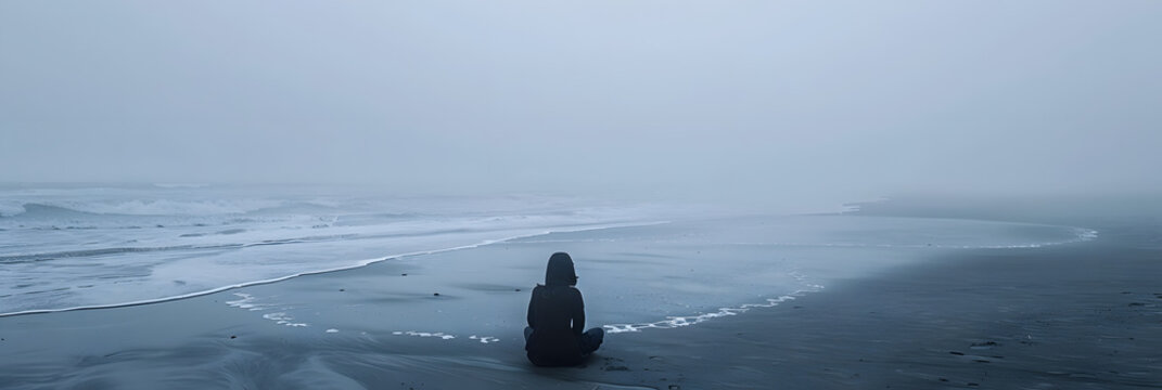 A person sits on the beach, the waves are gentle, the viewing angle is wide, the sky is dark and foggy