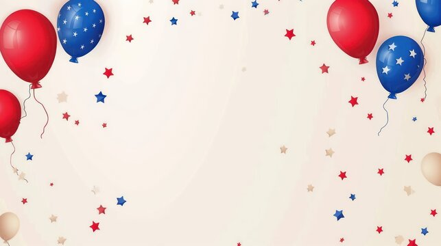 A vibrant and joyful image featuring red, blue, and white balloons with golden and star confetti scattered on a cream background, depicting celebration