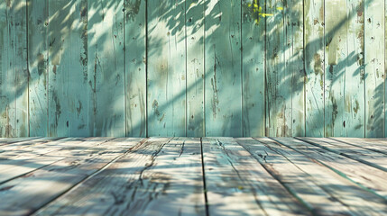A tranquil scene of empty wooden boards in soothing mint green tones, evoking a sense of freshness and rejuvenation. - obrazy, fototapety, plakaty