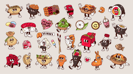 Groovy cartoon characters of Japanese food and stickers with text set. Funny retro sushi and ramen, happy onigiri and cute noodle box mascots, cartoon food emoji of 70s 80s style vector illustration