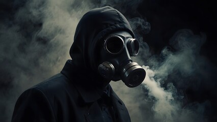 man with gas mask, gangster smoker with a gas mask on, surrounded by swirling smoke and toxic fumes, representing the harmful effects of his lifestyle - obrazy, fototapety, plakaty