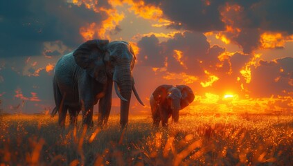 Two elephants are peacefully grazing in a field under the colorful afterglow of the sunset, surrounded by lush plants and a serene natural landscape