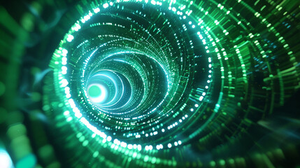 Cyberspace blue and green code weaves into a 3D spiral, encircling light.