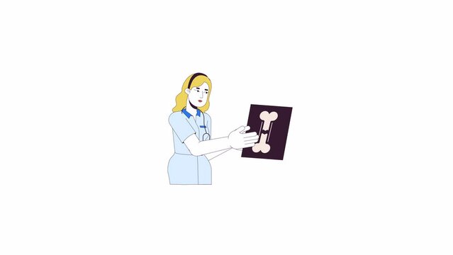 Caucasian female radiologist line 2D character animation. X ray bones examination flat color cartoon 4K video, alpha channel. Woman doctor showing broken bone image animated person on white background
