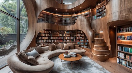 Home Libraries: Capture cozy reading nooks, floor-to-ceiling bookshelves, and inviting literary spaces to appeal to book lovers. - obrazy, fototapety, plakaty