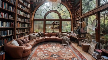 Home Libraries: Capture cozy reading nooks, floor-to-ceiling bookshelves, and inviting literary spaces to appeal to book lovers. - obrazy, fototapety, plakaty