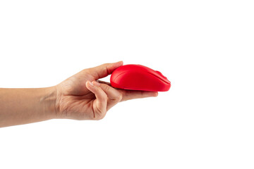Modern computer red mouse in hand isolated on transparent background