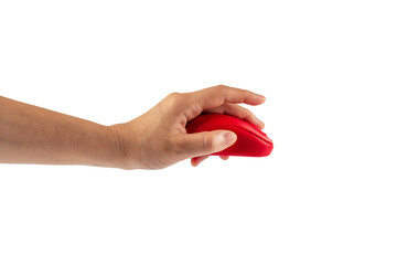 Modern computer red mouse in hand isolated on transparent background