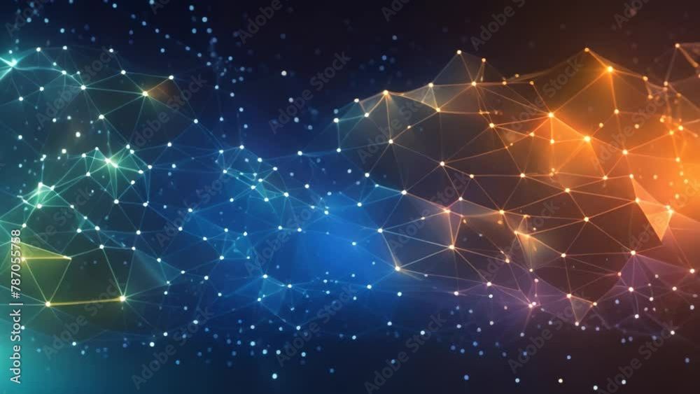 Poster Abstract polygonal space low poly dark background with connecting dots and lines, Abstract illustration of data flowing through a network of nodes and interconnected lines