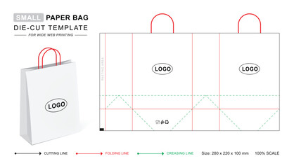 Paper bag die cut template small with 3D blank vector mockup. Shopping bag or Gift bags for retail business