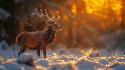 A majestic deer, a terrestrial animal, stands gracefully in the snow in front of a Christmas tree,...