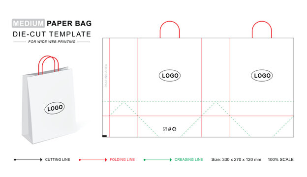 Gift bag die cut template with 3D blank vector mockup. Shopping bag for retail business