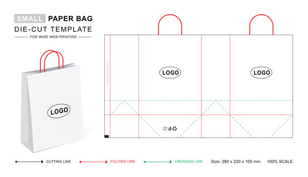 Paper bag die cut template small with 3D blank vector mockup. Shopping bag or Gift bags for retail business