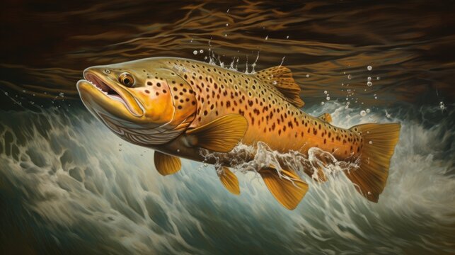 Underwater photo of The Brown Trout (Salmo Trutta) in a mountain lake. Close up with shallow DOF.