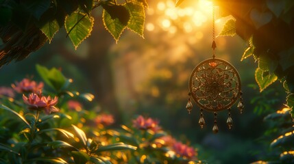 Dream catcher hanging from a tree in a garden, enhancing the natural landscape