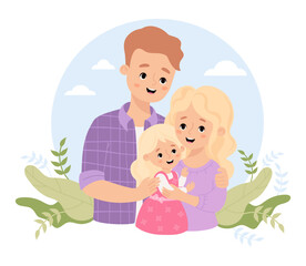 Happy family. Cute man father, with blonde wife and daughter. Vector illustration