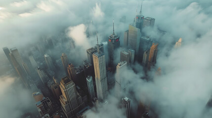 Drone capture of a bustling city skyline, with skyscrapers reaching towards the clouds. Happiness,...