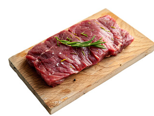 Fototapeta premium photo of red meat beef on light wooden advertising board in front view angle white background isolated PNG