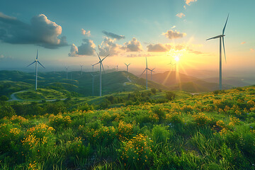 A wind turbine set against a natural backdrop, symbolizing green energy and ecological sustainability, promoting renewable power for a cleaner environment