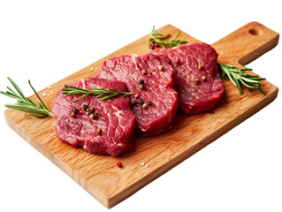 photo of red meat beef on light wooden advertising board in front view angle white background isolated PNG