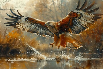 A majestic eagle, belonging to the family Accipitridae, soars gracefully over a shimmering body of water with its powerful wings and sharp beak